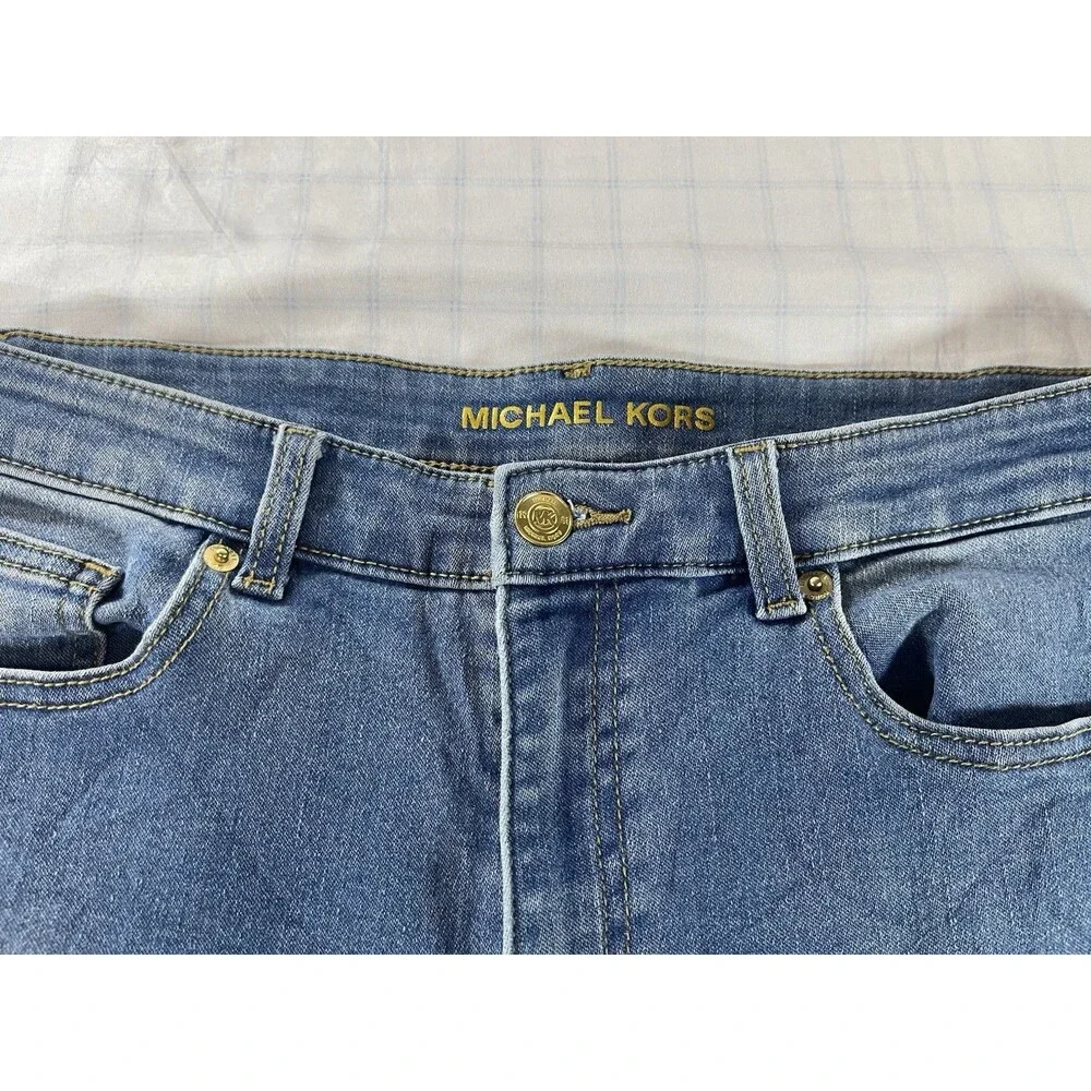 Michael Kors Gold-Embossed Slim Leg Blue Jeans - Size 12